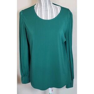 alison andrews Women's Kelly Green Sheer Longsleeve Shirt Top Chiffon Sz Large